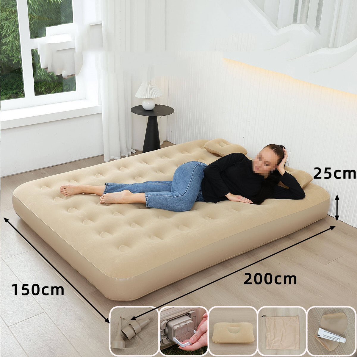 Matelas Gonflable Très Résistant 2 Places - Pompe Intégrée Automatique, Hauteur Améliorée, Camping & Maison, 25cm d'épaisseurs