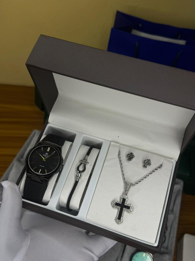 Coffret Bijoux 4 Pièces Homme & Femme - Montre + Bracelet + Collier + Bague, Cadeau Idéal