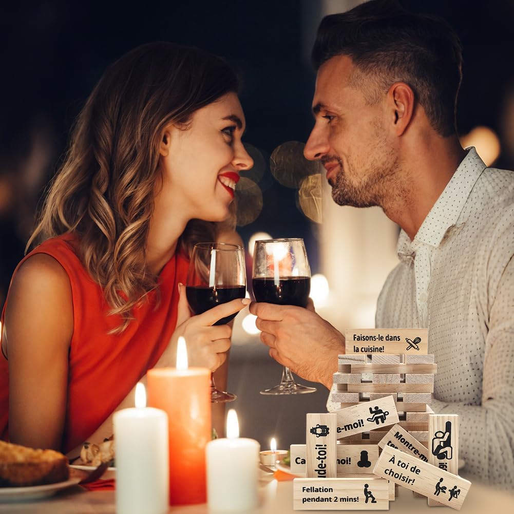 Jeu de Tour de Blocs Coquins, +30 Pièces Jeu Coquin de Tour Infernale pour Adultes, Blocs Empilables en Bois, Noël Cadeaux de Rencontre pour Couples Adultes