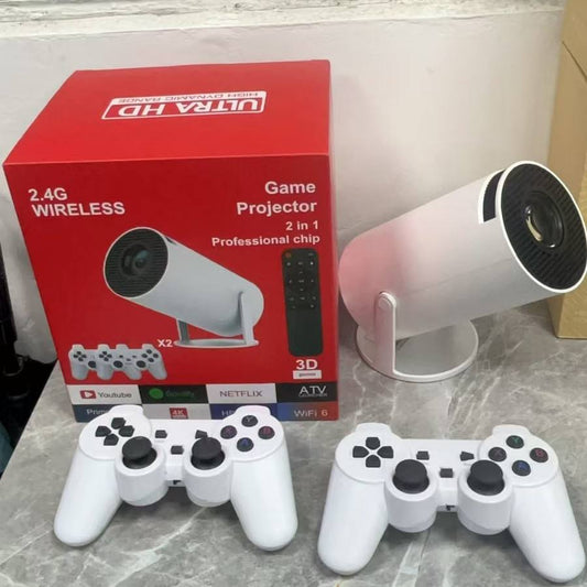 Vidéoprojecteur Smart 4K + Console de Jeu - Plus de 15 000 Jeux Intégrés, Netflix, YouTube, WiFi, 2 Manettes Incluses